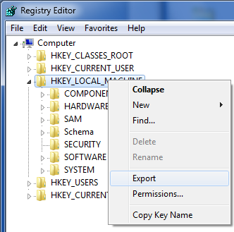 Registry export using Regedit