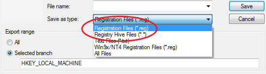 Registry export using Regedit