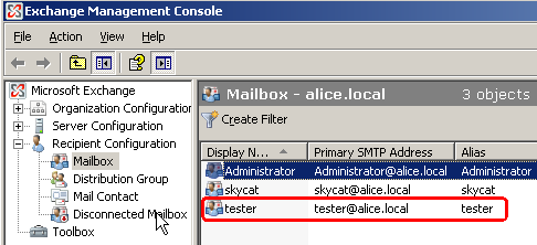 Just created mailbox is shown in the Exchange console