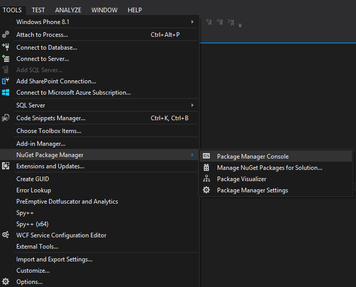 Image shows an example of how to install Jasmine JavaScript testing package in Visual Studio. You can launch a Package Manager Console from the Tools menu and type “Install-Package JasmineTest”, to install Jasmine JS testing framework.