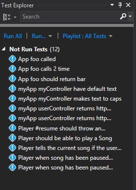 Image shows Visual Studio Test Explorer with all the tests written via Jasmine unit testing tool.