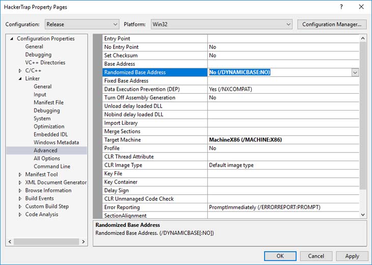 ASLR protection in Visual Studio is disabled to help demonstrate the exploit