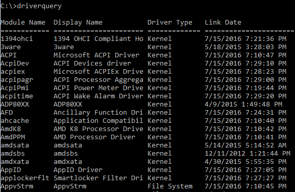 cmd with the driverquery command