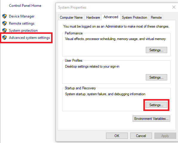 System Properties in the Control Panel Home