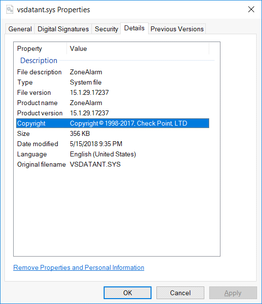 vsdatant.sys properties