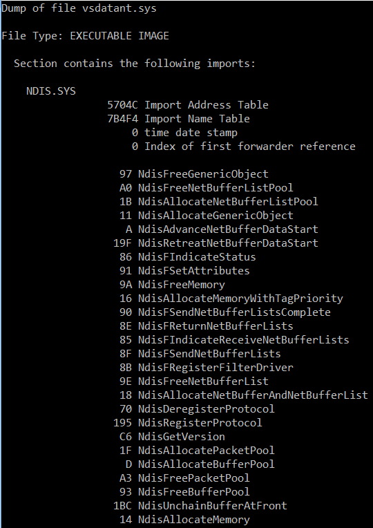 vsdatant.sys via DumpBin