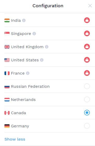 Country selection in the free version of Hotspot Shield VPN Free Proxy