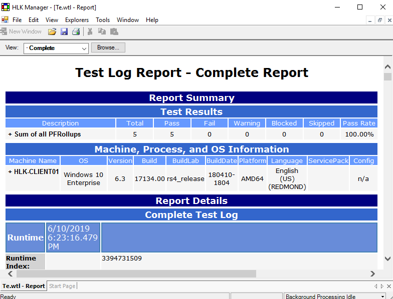 Image 12. Test log report in the Windows HLK Manager