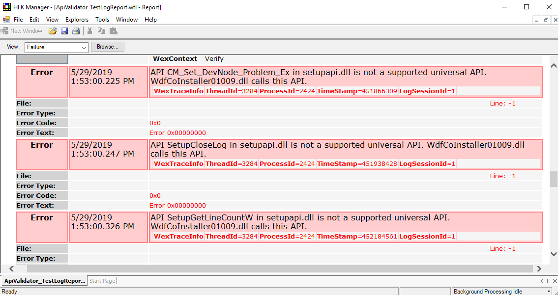 Image 13. Failed test log report in the Windows HLK Manager