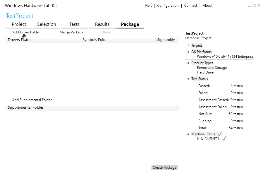 Image 14. The Package tab in Windows HLK Studio