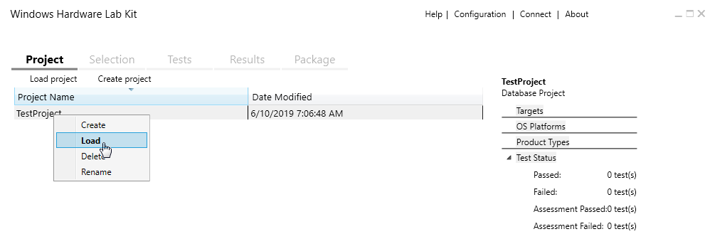 Image 7. Load the created test project via the context menu