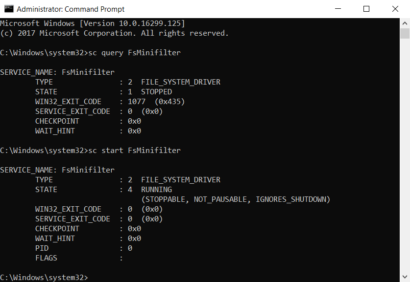 Starting a minifilter driver