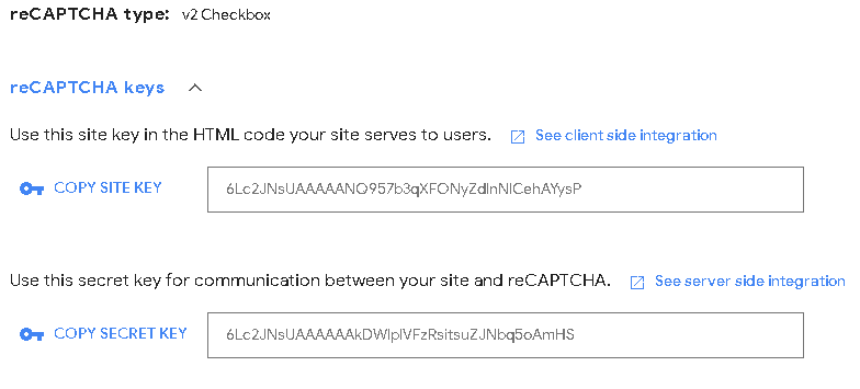 reCAPTCHA keys