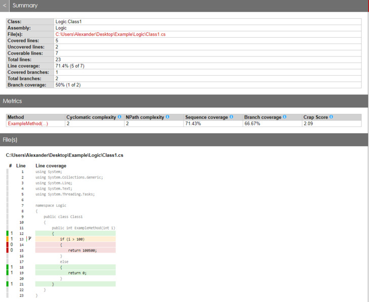 code coverage results converted to an html file by reportgenerator