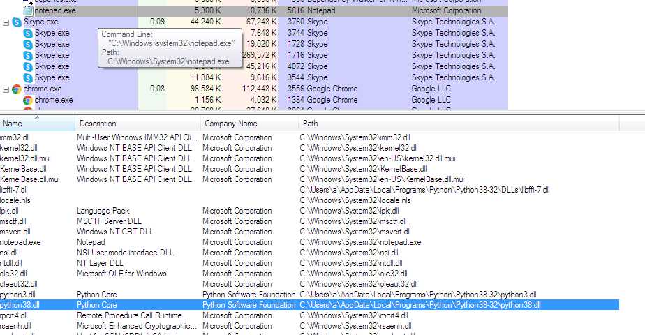 3 presence of python dll file in list of notepad exe processes