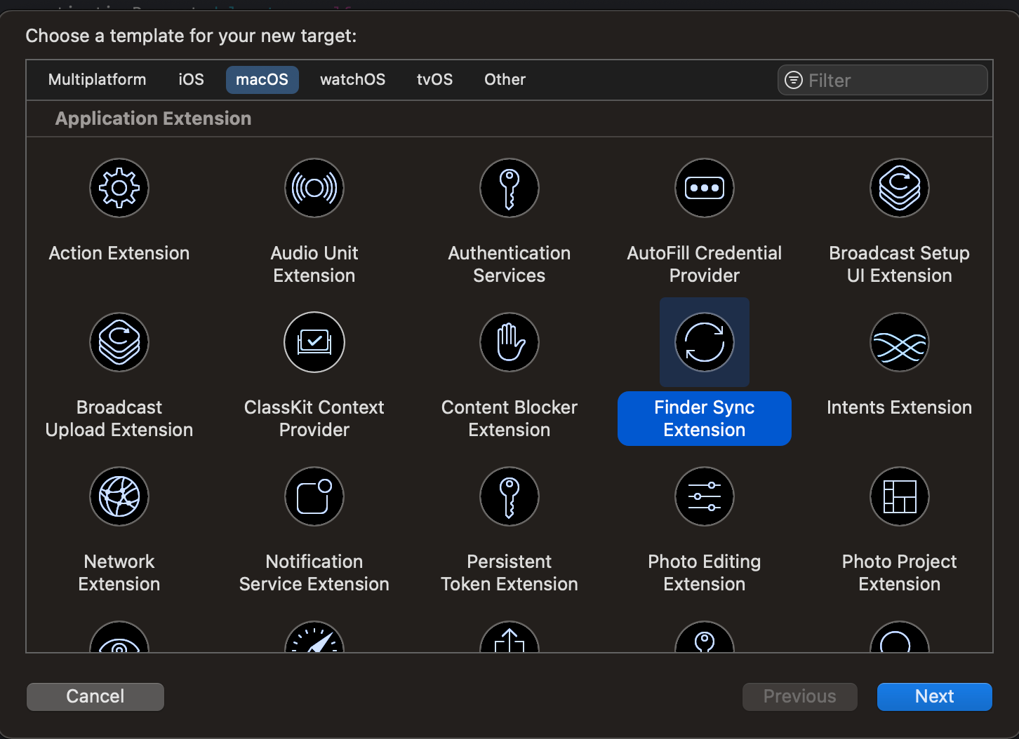 developing application using finder sync extension template