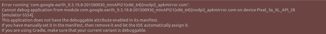3 an error saying that the application is not debuggable