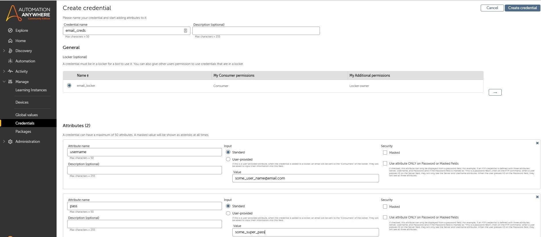 credential variable configuration