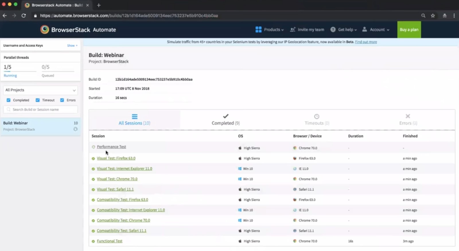 Automated testing session in BrowserStack