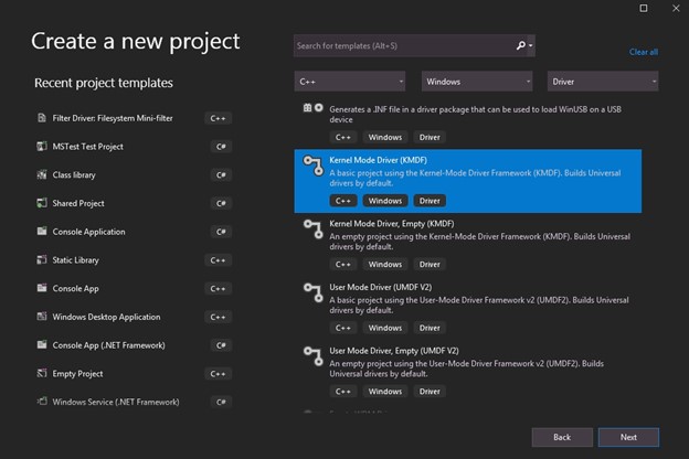 Creating a driver project in Visual Studio 2019