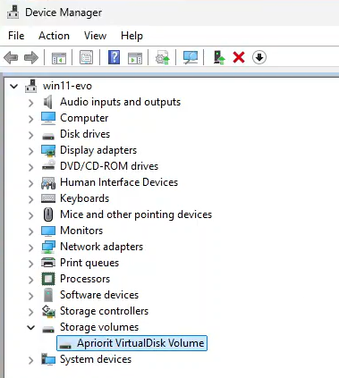 The virtual disk in the list of system devices