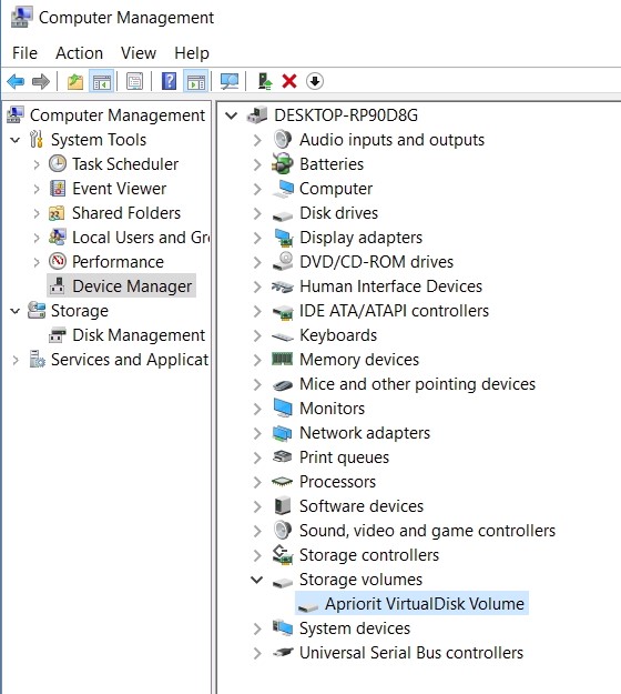 The virtual disk in the list of system devices