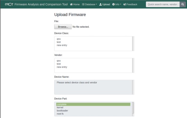 Form for uploading firmware in FACT