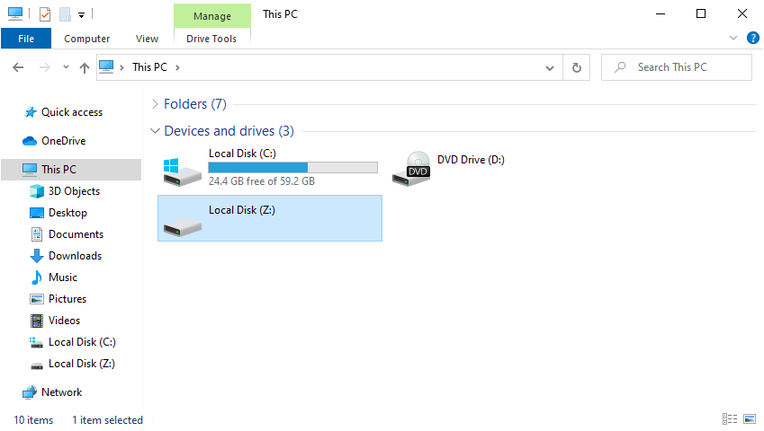 Our virtual disk in File Explorer (Z:)