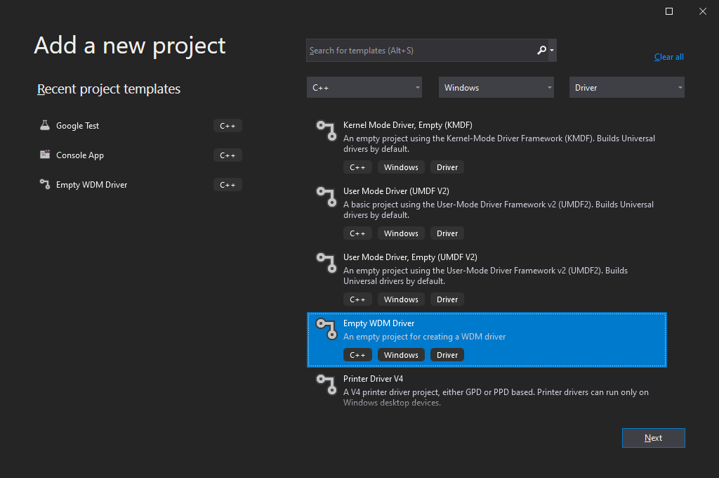 Visual Studio 2019 interface for creating driver projects