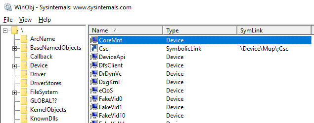 Our virtual disk in the Device directory opened with the winobj utility