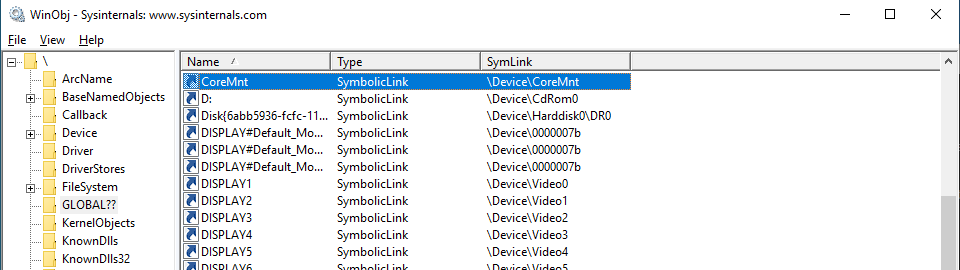 A symbolic link to our device object in the GLOBAL?? directory