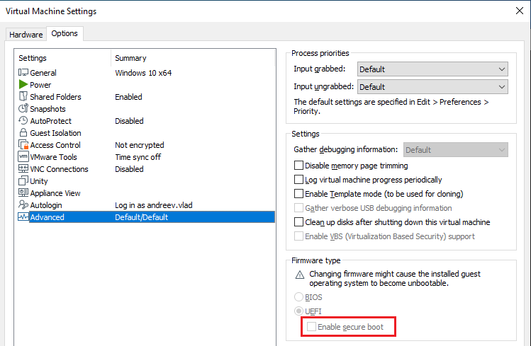 The Enable secure boot option in VMWare