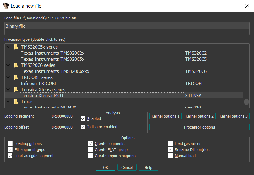 Xtensa in IDA’s list of processor modules