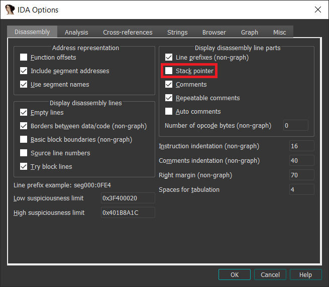 Enabling the stack pointer visualization