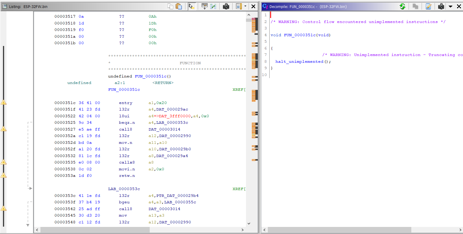 Warning regarding unimplemented instructions in the Ghidra decompiler