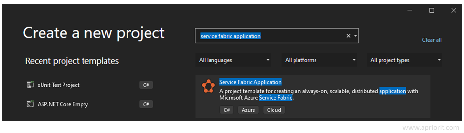 Screenshot 1. Creating a Service Fabric Application in VS