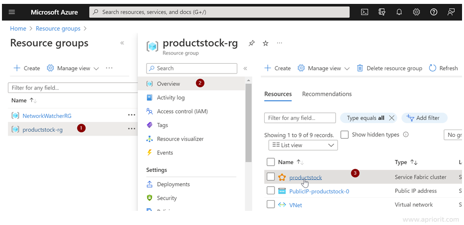 Screenshot 2. Opening the Azure Service Fabric explorer via Resource Groups