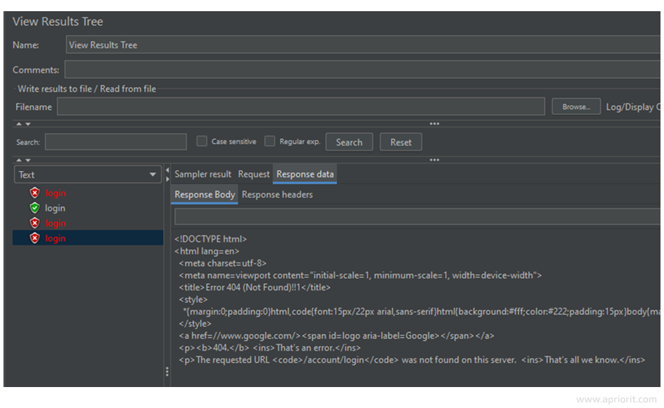 The View Results Tree response data