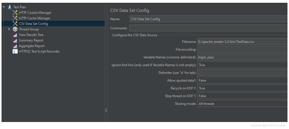 CSV Data Set Config menu