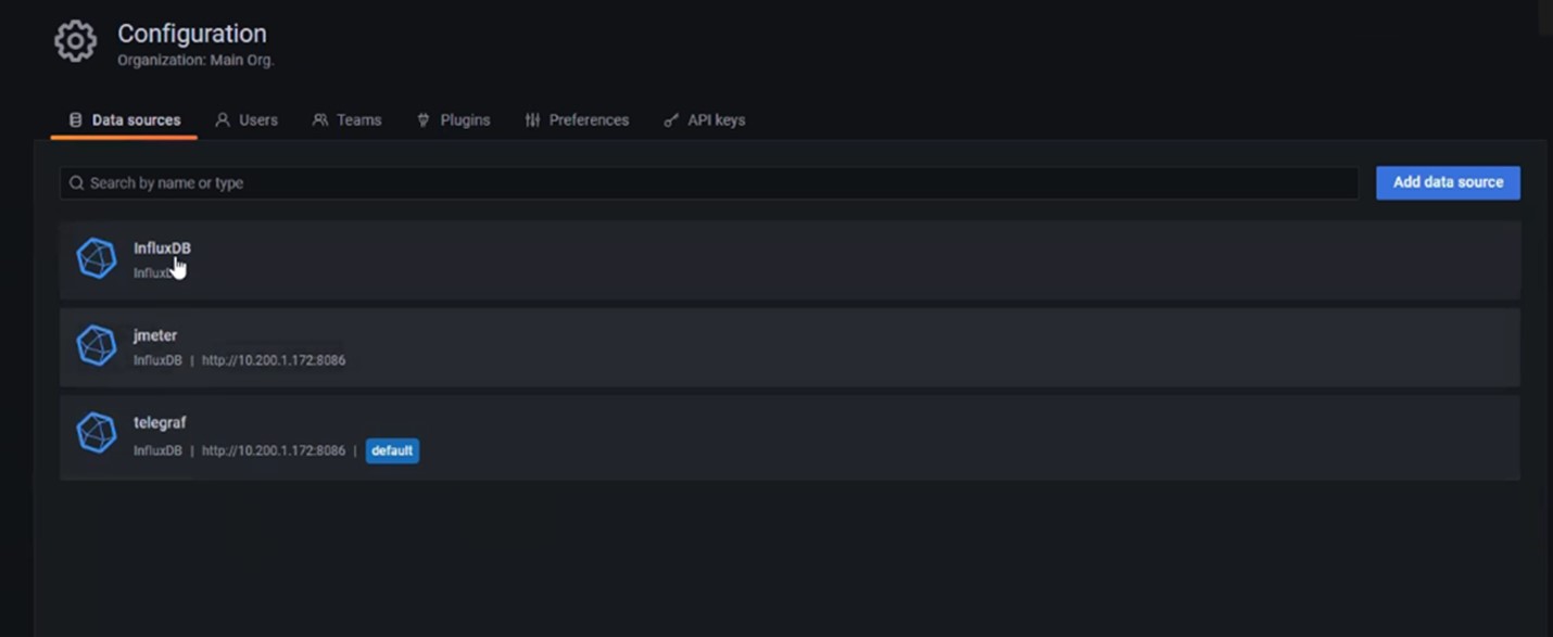 Available data sources in Grafana
