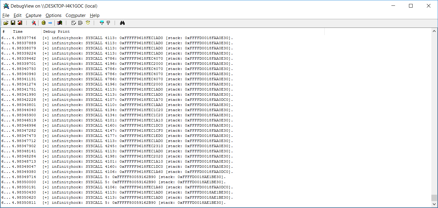 Syscall monitoring results in InfinityHook