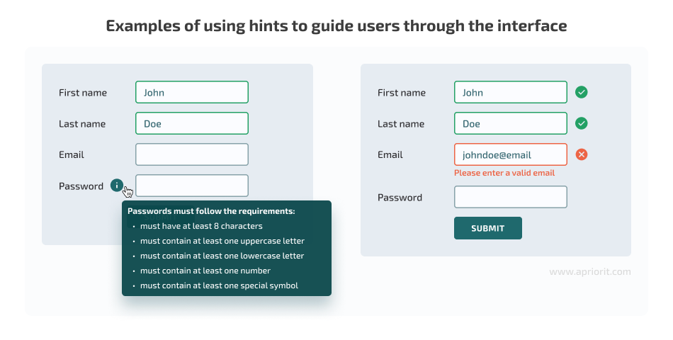 Examples of using hints to guide users through the interface