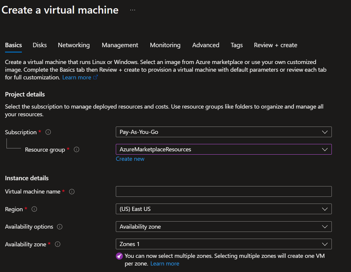 User interface for creating a virtual machine in the Azure portal