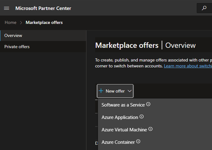 Creating a new offer in Marketplace Partner Center