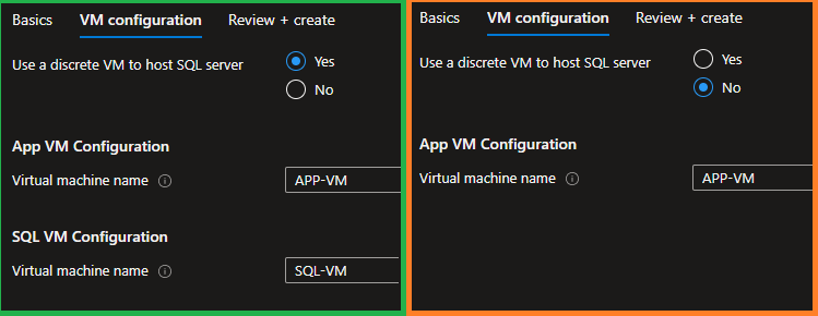 Two possible tab views for VM configurations