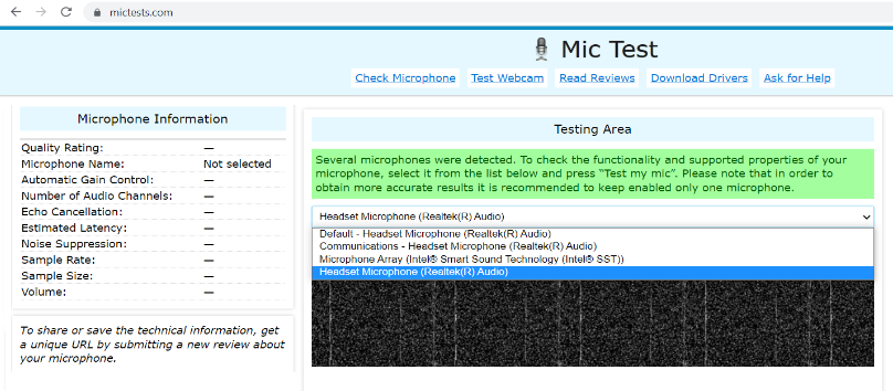 Microphone testing using Mictests.com