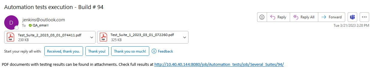 An email with reports on automated test execution