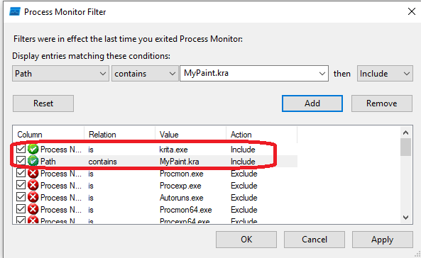 Setting filters in Process Monitor