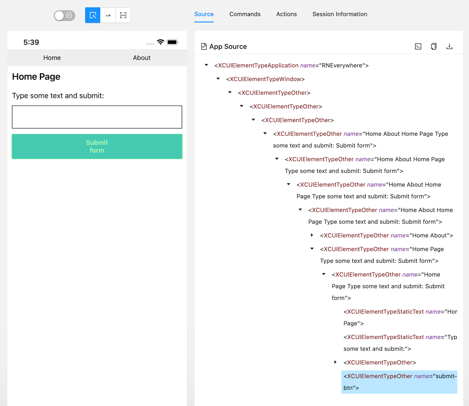 Appium inspector interface