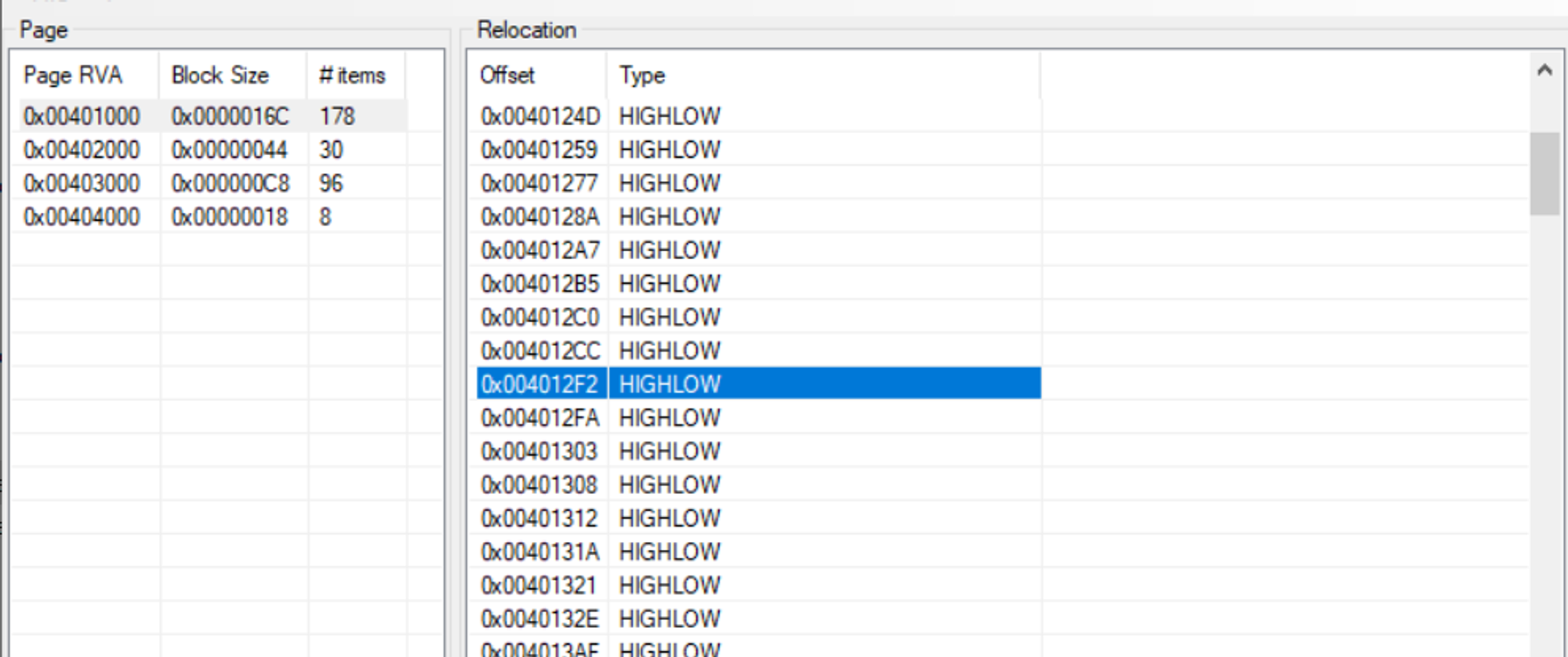 Application values displayed in the Relocation Section Editor